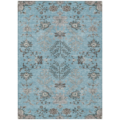 3' X 5' Sky Blue Gray And Charcoal Floral Washable Indoor Outdoor Area Rug
