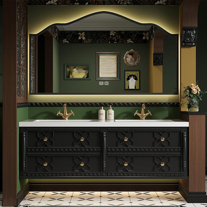 Armoire de salle de bain double vasque de style rétro français, H 21,65 po x l 59,06 po x P 21,65 po