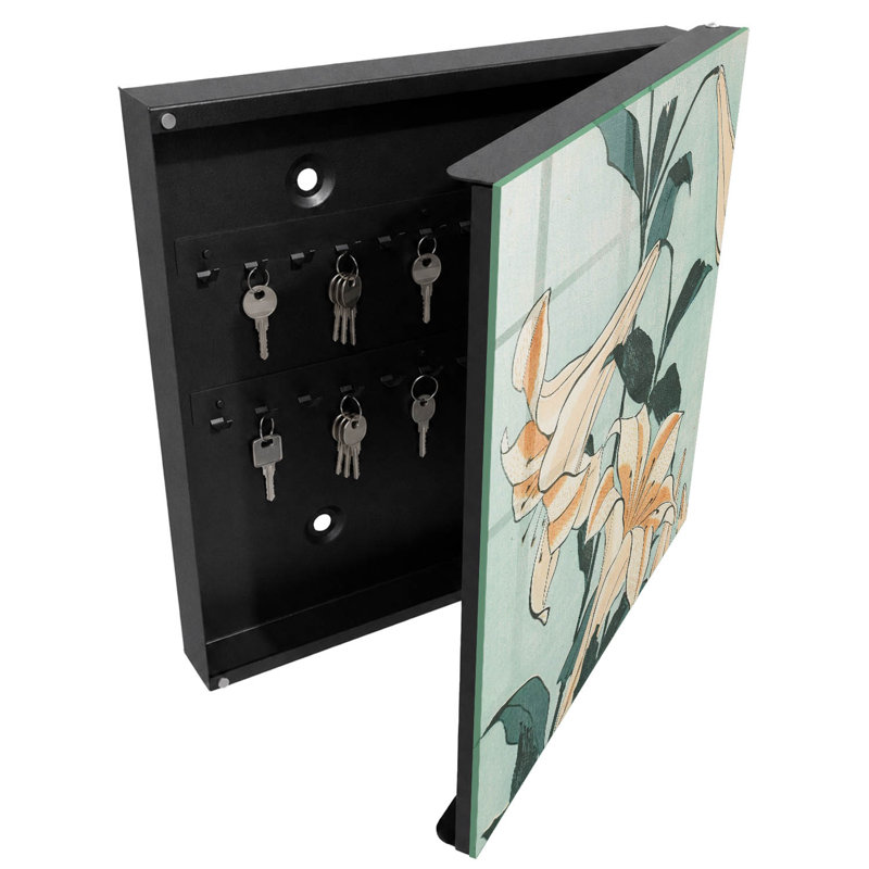 Wall mounted key box, Opens to the right, 30x30x5, White, A lily motif in the style of a Japanese woodblock print, 