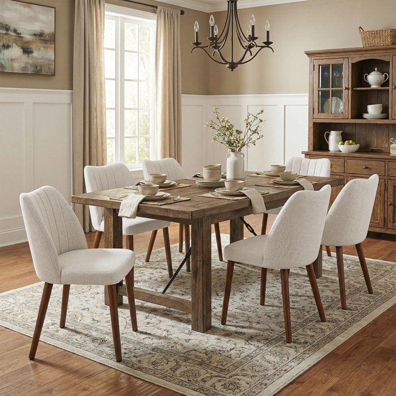 Chaises de salle à manger rembourrées, chaises de cuisine modernes en tissu avec pieds en bois, Brun, Beige