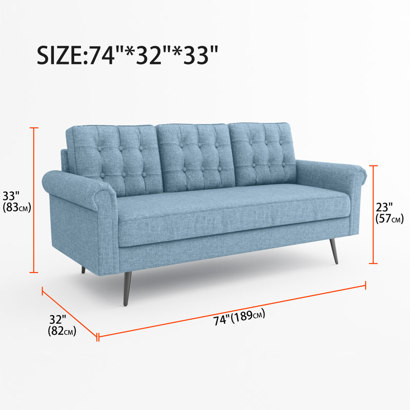 Canapé rembourré 74 po, 100% polyester bleu ciel