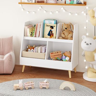 Kids Bookshelf and Toy Organizer, 5 Cubbies Wooden Open Bookcase, 2-Tier Baby Storage Display Organizer with Legs, Free Standing for Playing Room, Bedroom, Nursery, Classroom