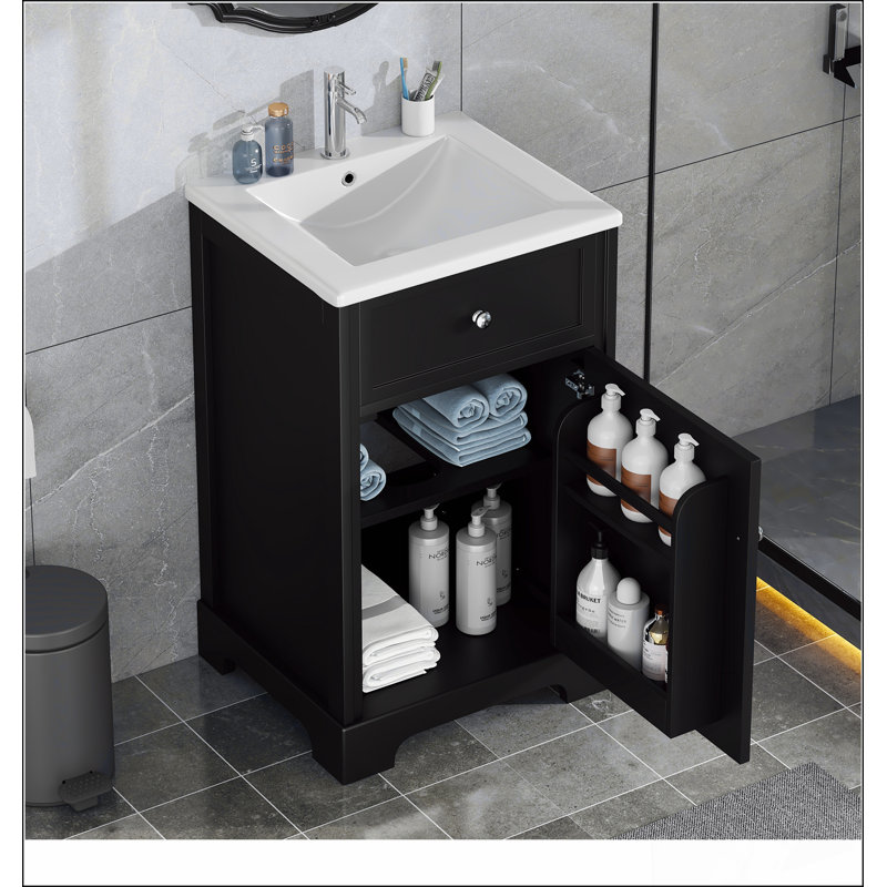 Meuble-lavabo de 20 po avec lavabo, armoire de salle de bain avec porte à fermeture douce, support de rangement et tablette réglable, noir