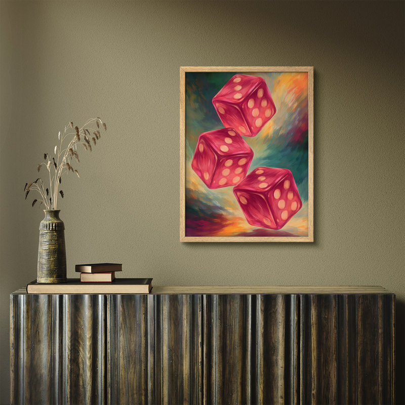 Abstract Dice Framed Wall Art Prints - Red dice with vibrant background, for game room, H 16 po x l 12 po, Naturel