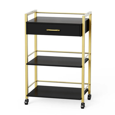 Black Wooden Rolling Utility Trolley Cart With 1 Drawer 2 Shelves