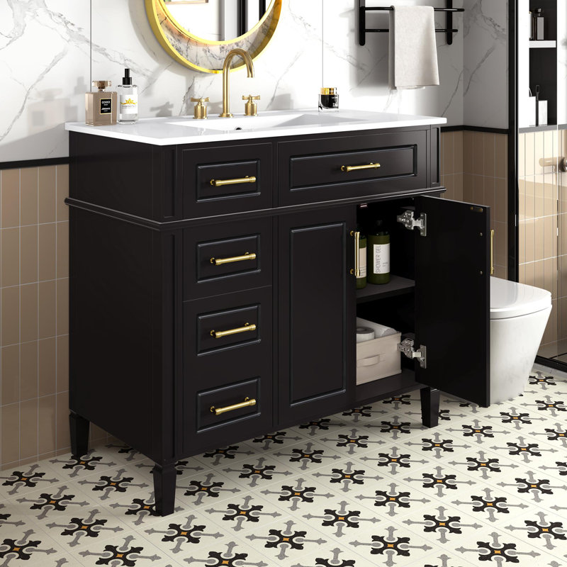 Meuble-lavabo avec poignées en métal doré, Noir