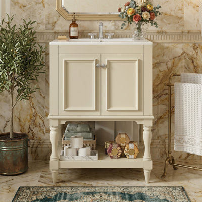 Meuble-lavabo de 24,4 po avec lavabo en céramique, armoire de luxe moderne en bois massif avec rangement fermé et tablette ouverte, pieds sculptés - Blanc