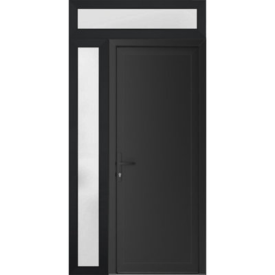 Porte d'entrée extérieure prémontée en PVC-U métallisé, verre dépoli, Manux 8111, noir mat, imposte et panneau latéral, pour bureaux, commerces et habitations. Dimensions : 50 x 94 po (L 36 + 14 po x H 80 + 14 po). Ouverture à droite vers l'intérieur.