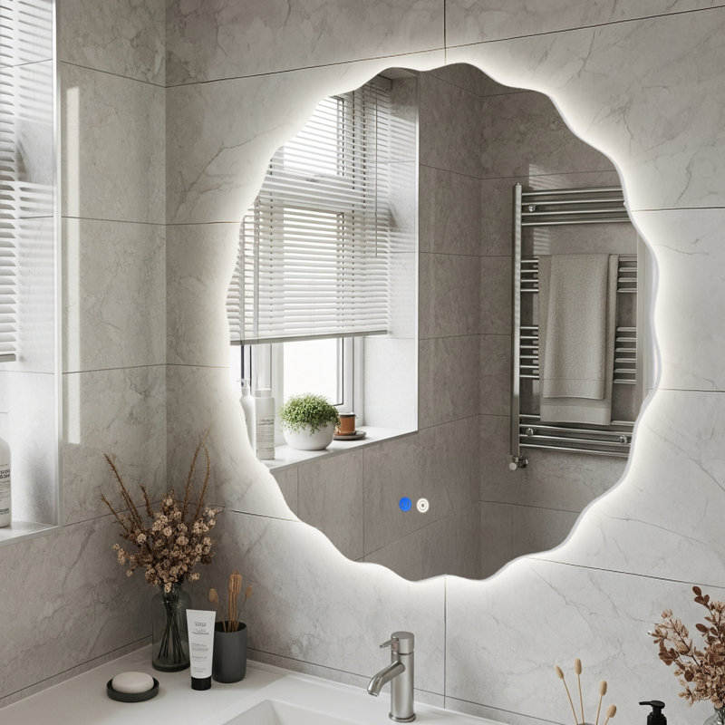 Round Scalloped Wavy Led Bathroom Mirror, Frameless Backlit Wall Mirror With Dimmable Anti-Fog Lighting, 3 Color Temperatures & Memory