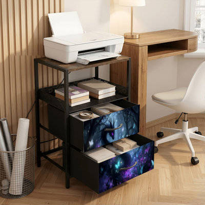 Table de chevet 2 tiroirs avec station de charge, table de chevet pour chambre à coucher avec ports USB, tablette ouverte noire, table de chevet avec magnifique forêt de nuit de dragon noir