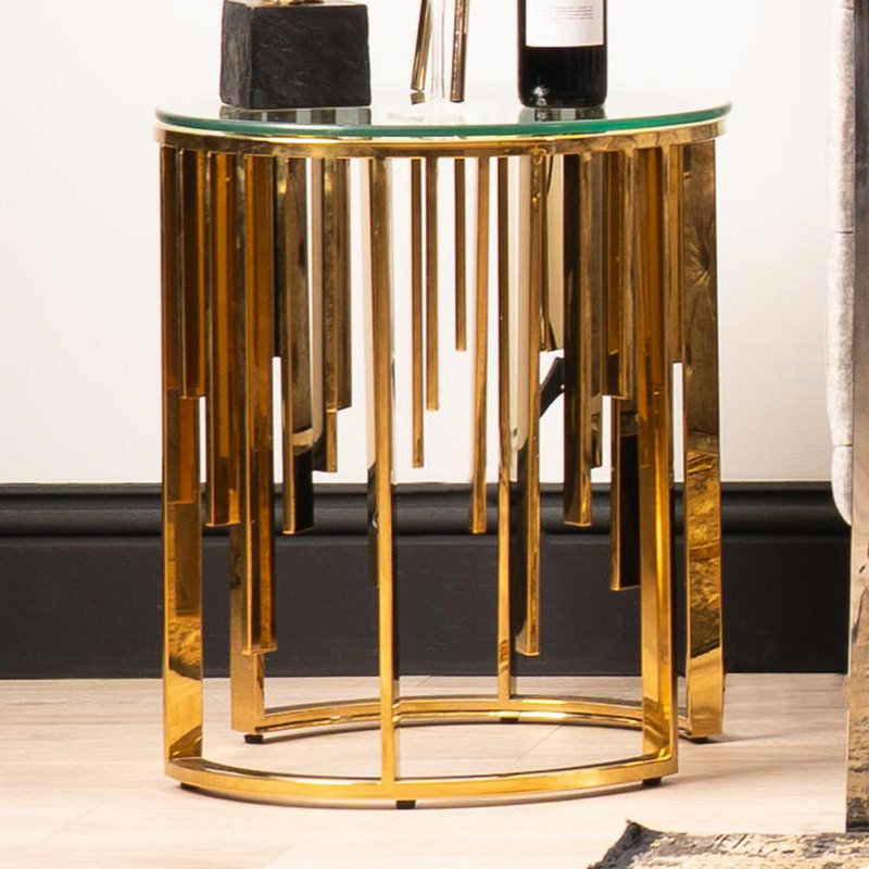 Ayliah 55.5cm Round End Table for Living Room, Stainless Steel Sofa Side Table with Tempered Glass Top, Gold, Clear