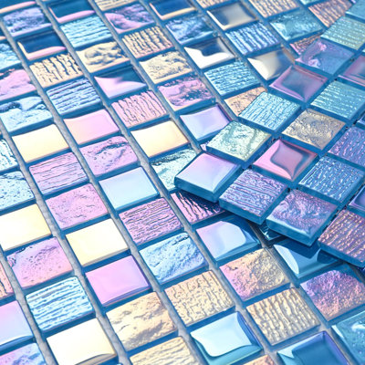 Carreaux de mosaïque en verre à bord droit pour piscine 1 "x 1" Diflart, bleu iridescent (ensemble de 5)