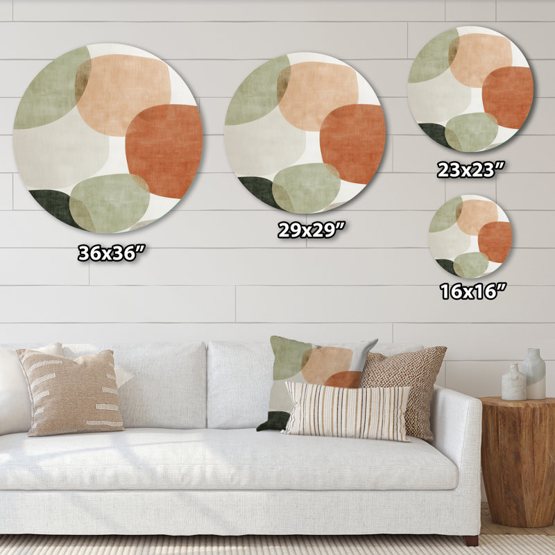 Minimalisme orange avec des formes simples de vert - art mural rond abstrait en métal, L 23 po x H 23 po