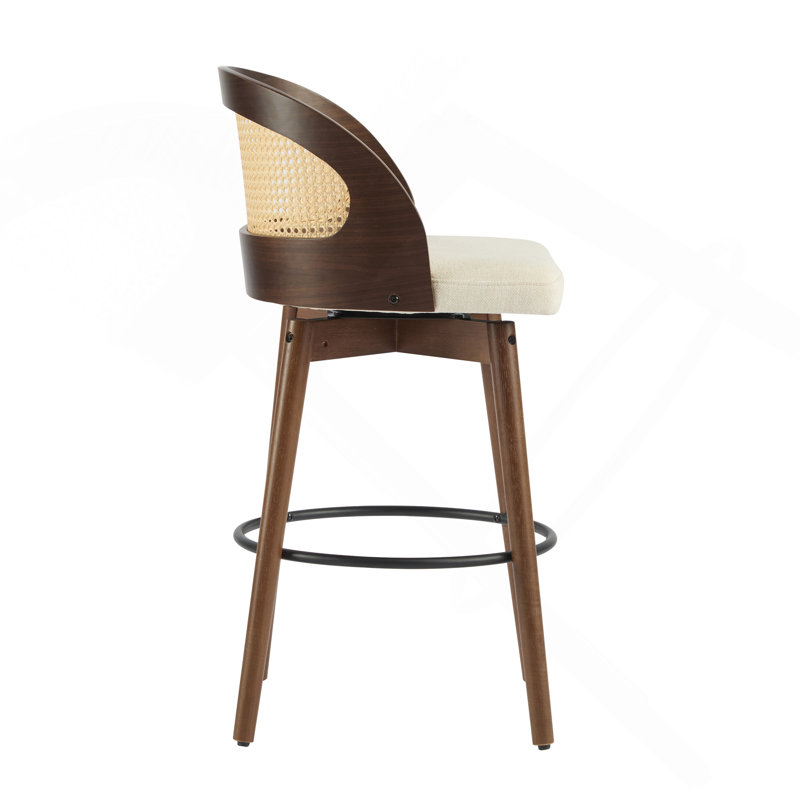 Set of 2 Indoor Wood Bar Stools, Walnut Finish with Beige Upholstered Seat, Beige