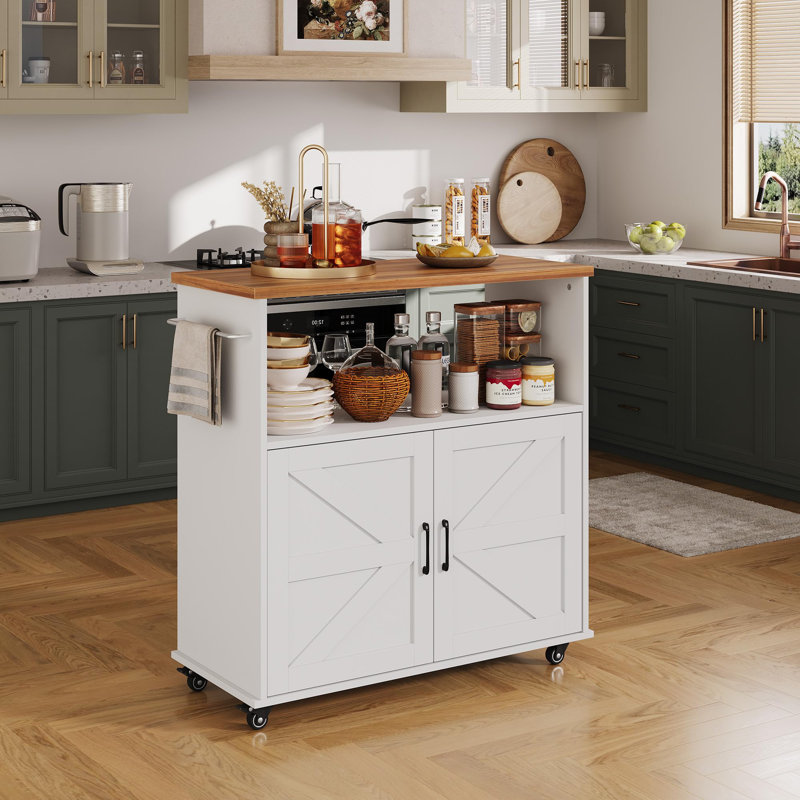 Îlot de cuisine roulant de 90 cm avec rangement et porte-serviettes, chariot en bois mobile à roulettes verrouillables, blanc