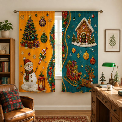 2Pcs Christmas Snowman Gingerbread House Sleigh Reindeer Curtains, Festive Holiday Joyful Winter Theme Rod Pocket Window Drapes For Living Room Bedroom Kitchen Home Decor