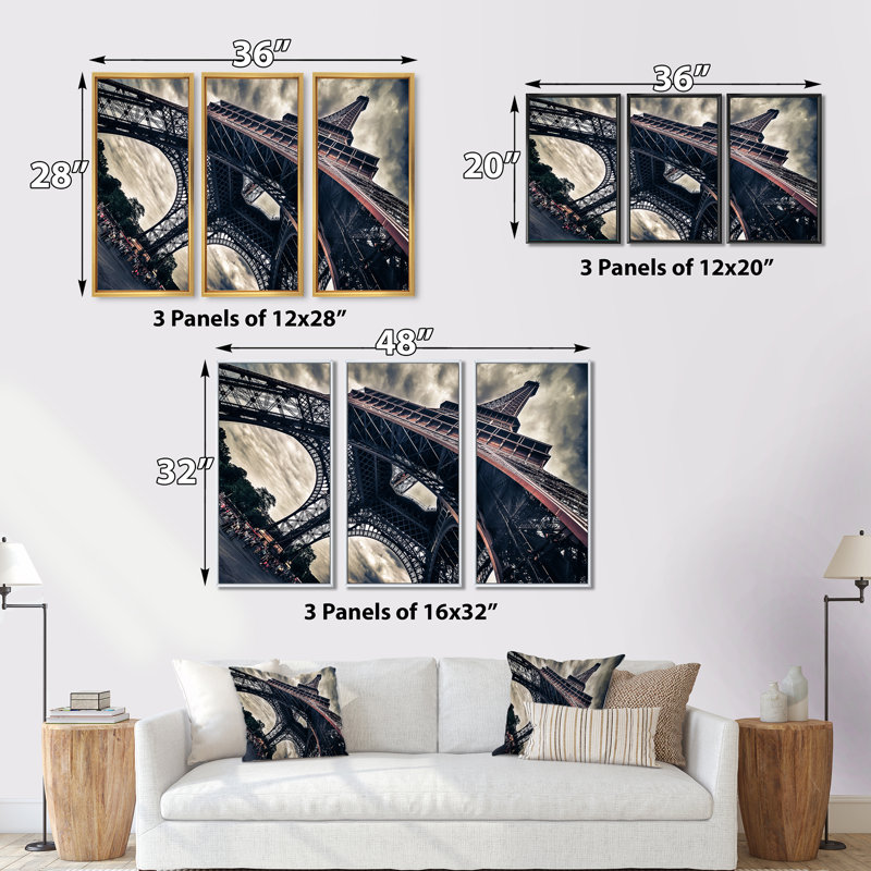 Paris Paris Eiffel Towerin Grungy Dramatic Style - Cityscape, ensemble d'art mural sur toile, encadré de 3, Cadre noir