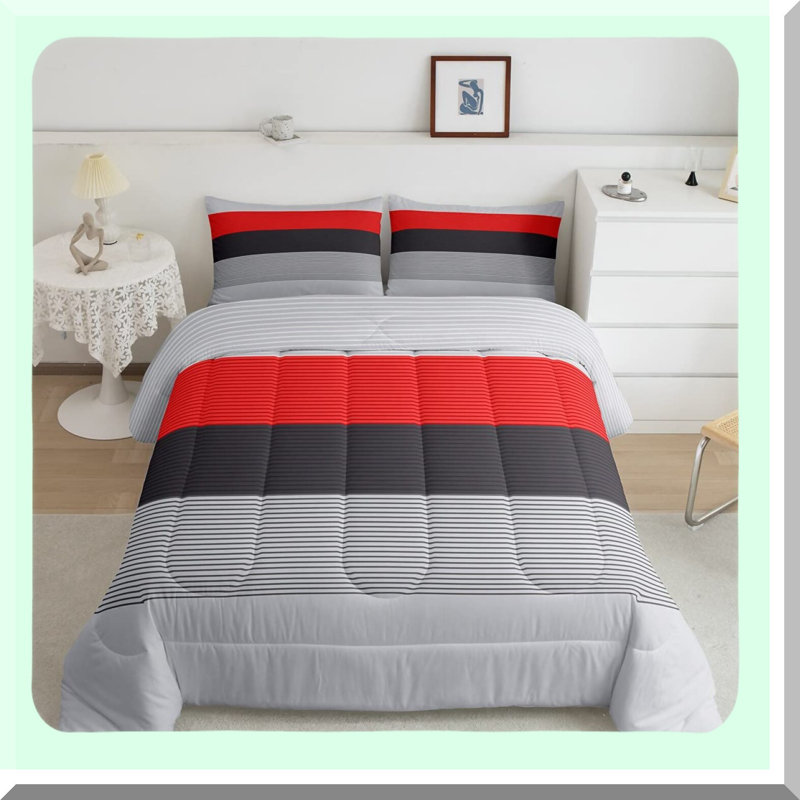 Ombre Stripes Comforter Set - Modern Abstract Art Duvet Insert with Red Patchwork Design, Farmhouse Decor Queen Size Bedding in Grey and Black