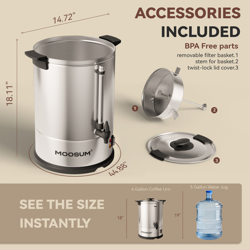 Urne à eau chaude commerciale avec cafetière MOOSUM 100 tasses, distributeur de boissons chaudes de grande capacité 4 gallons, infusion rapide 1500 W pour la restauration, argent