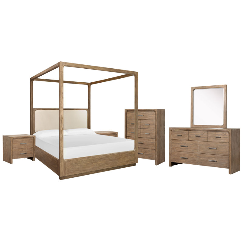 Grand lit tapissier avec commode Hien, Grand, 6 Pcs: Bed, 2 Nightstand, Dresser, Mirror, Chest