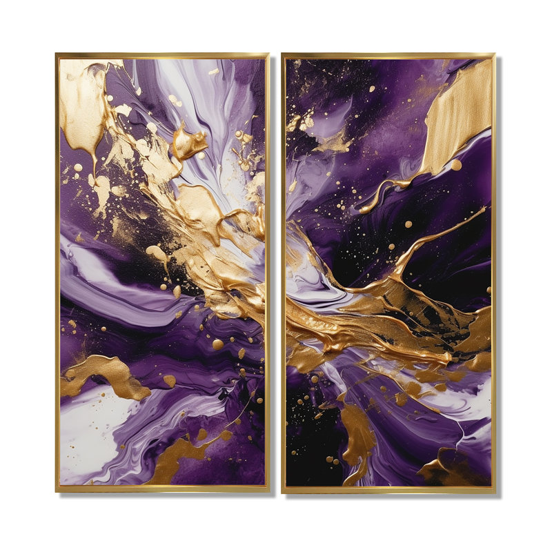 Mauve et or liquide Magic III - art mural moderne mauve 2 panneaux, H 40 po x l 40 po, Impression encadrée flottante, Doré