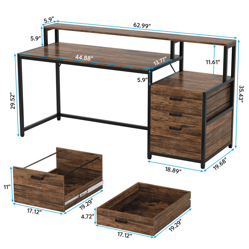 Metal Base Computer Desk, Brown, Black/Brown