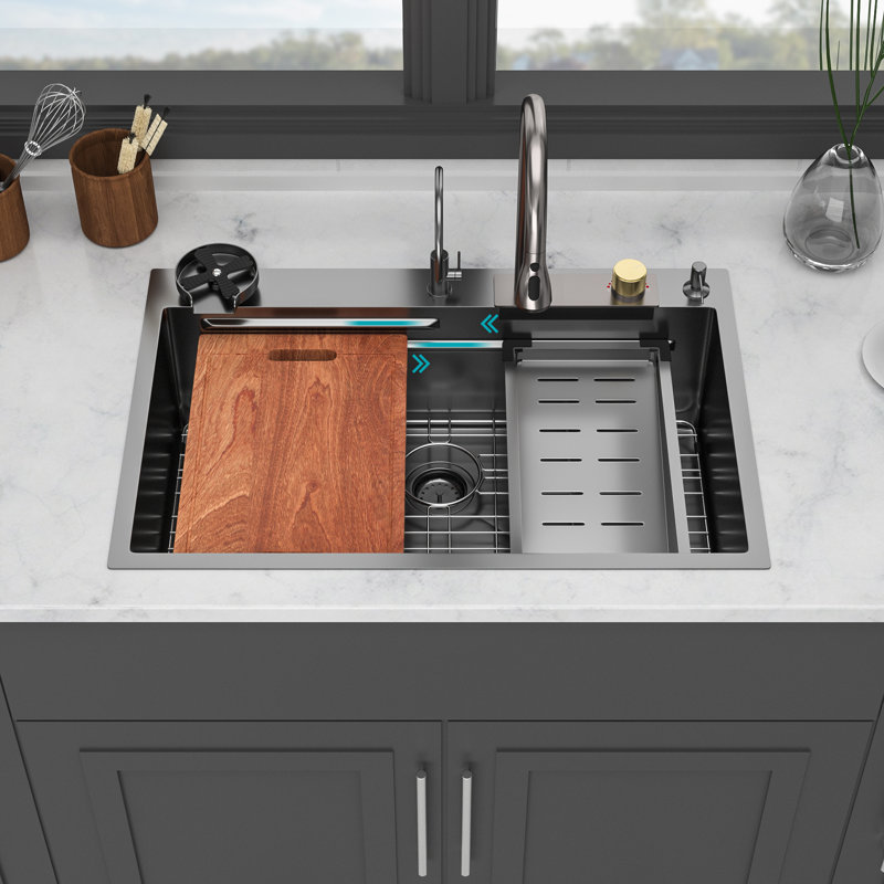 Évier de cuisine à cascade encastré noir Gunmetal - éviers de cuisine à rebord à cuve simple en acier inoxydable de calibre 16 et 33 po x 22 po x 10 po avec robinet rétractable et laveuse à gobelets