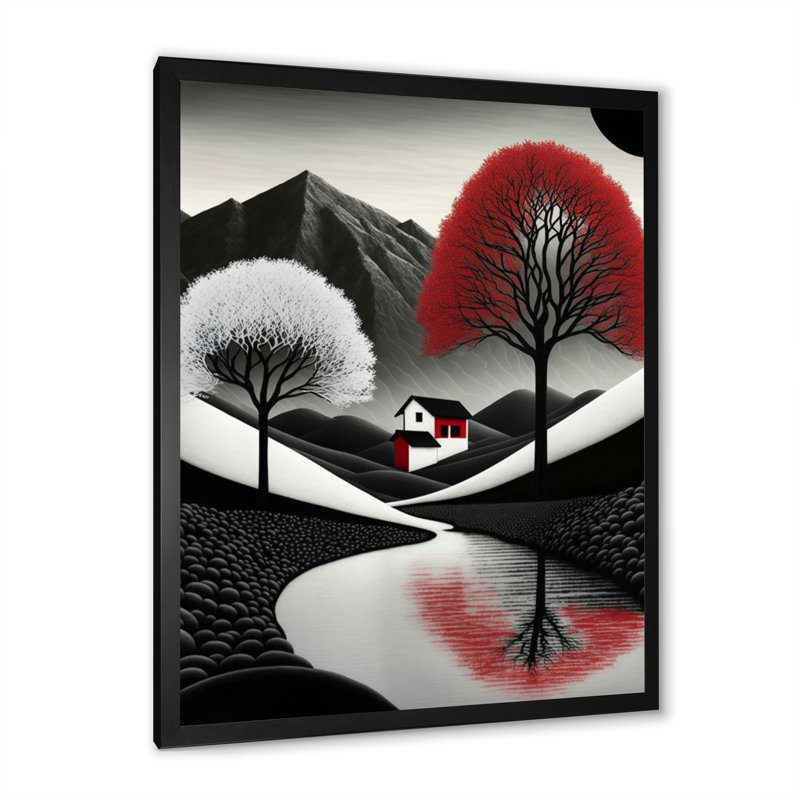 «White and Red Tree In The Mountains», reproduction sur toile, Impression noire sur toile encadrée
