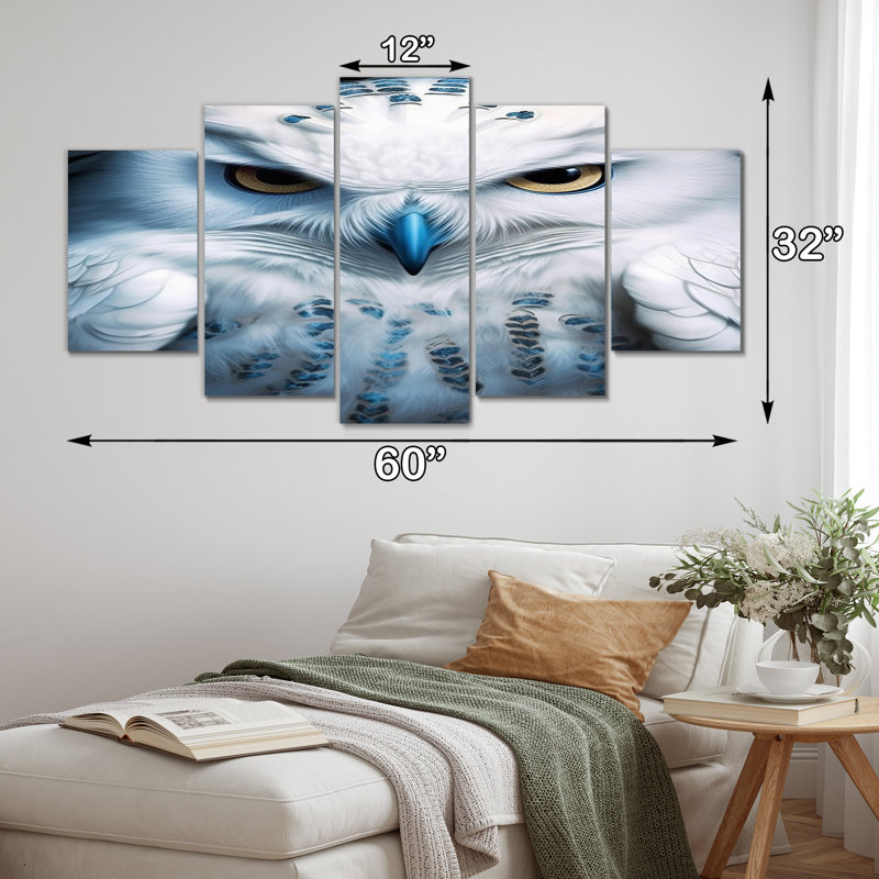 Portrait d'un hibou blanc et turquoise sur toile - animaux chouette sur toile - 5 panneaux