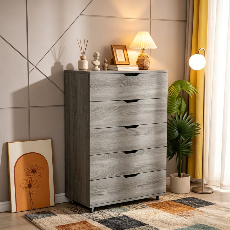 Commode mobile à 5 tiroirs avec roulettes, Gris