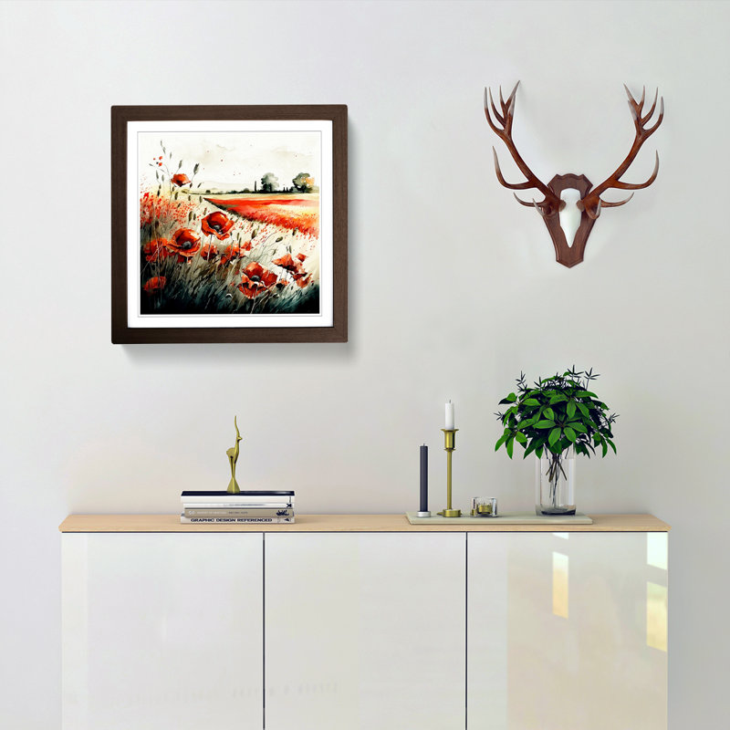 Poppy Field Watercolour - Framed Print, Walnut