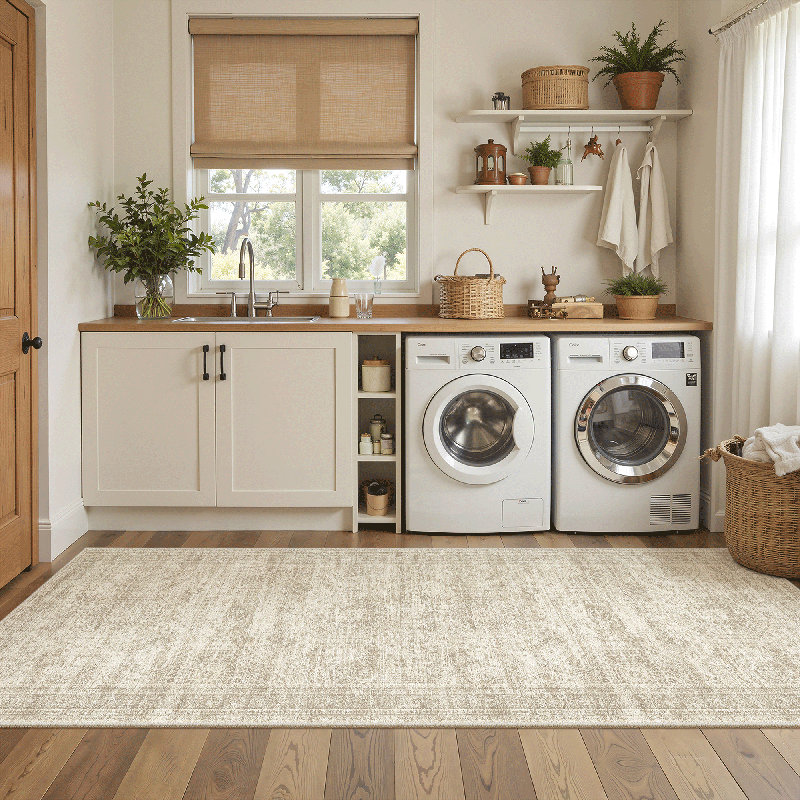 Washable Distressed Persian Rug, Beige, Runner 3' x 8'