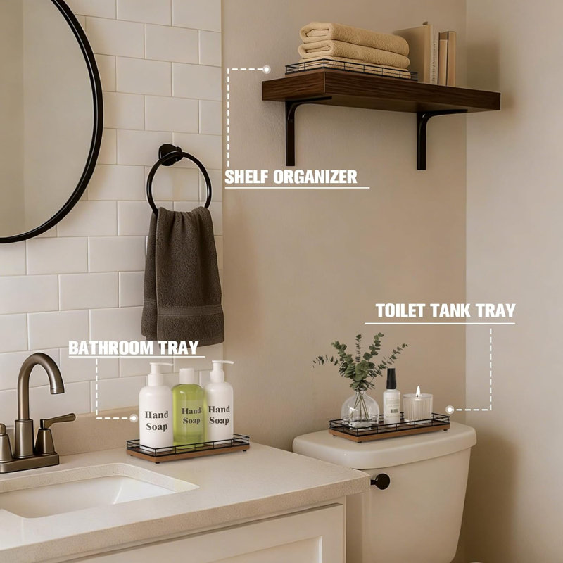 Plateau de meuble-lavabo de salle de bain pour comptoir, plateau de réservoir de toilette en bois d'acacia 12 po x 6 po avec garde-corps en métal, organisateur de salle de bain