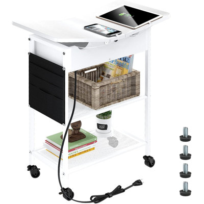 Rolling Side Table With USB Ports And Outlets, Flip Top Nightstand With Charging Station And Hidden Storage Shelves, Narrow End Table With Wheels For Living Room Bedroom Small Spaces