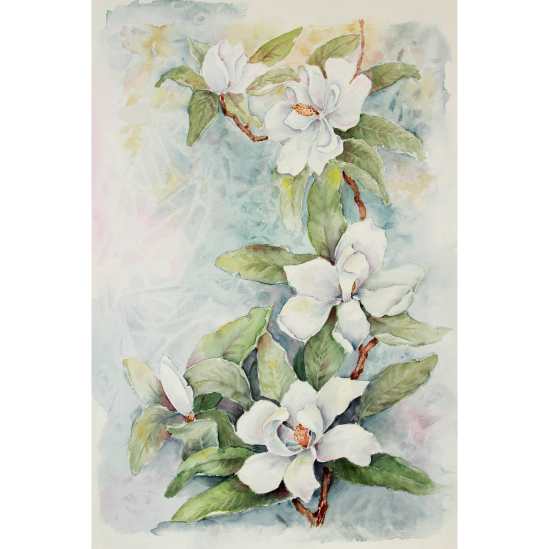 Kunst: Magnolienzweig Aquarellmalerei von Cstar55 - Kunstdrucke ohne Rahmen auf Leinwand