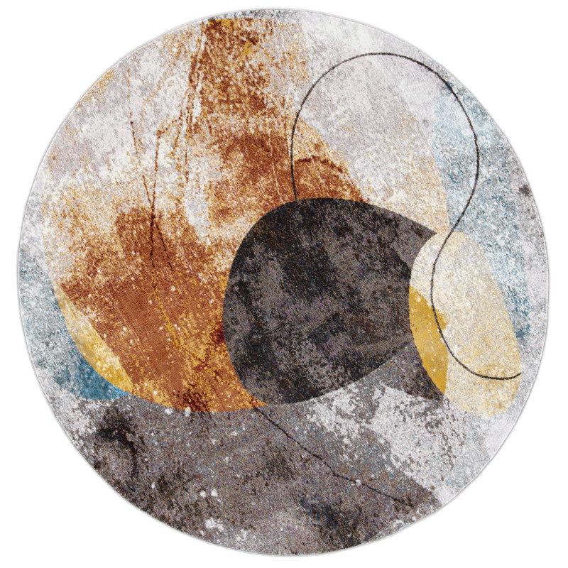 Papillon Abstract Gray/Brown/Teal Area Rug, Round 6'5"