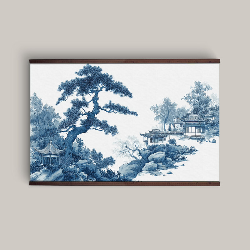 Tapisserie murale paysage bleu chinoiserie, H 45 po x l 73 po