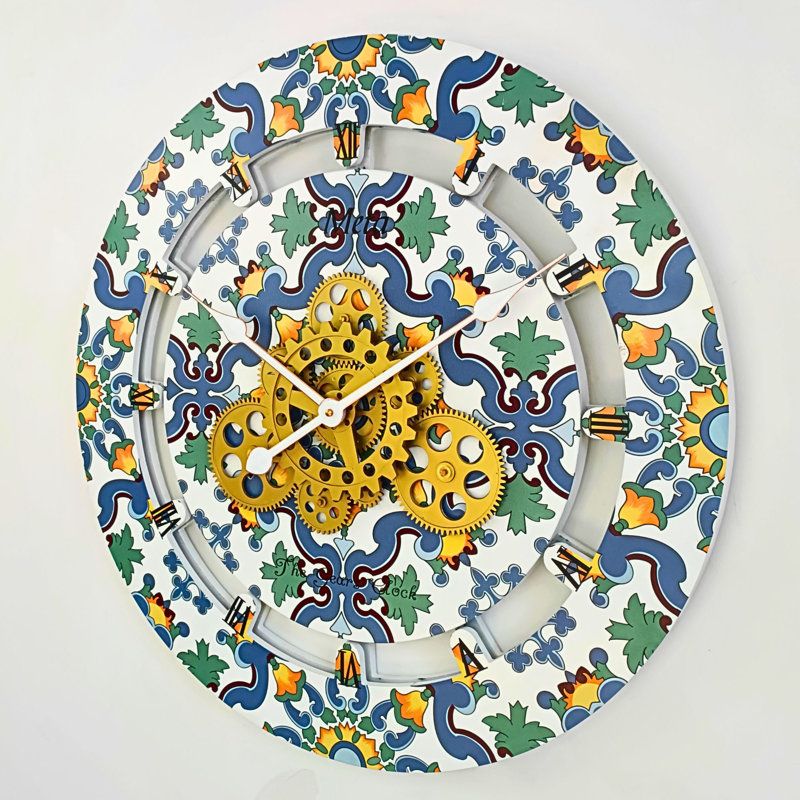 24'' Multicolor Wood and Metal Wall Clock with Moving Gears