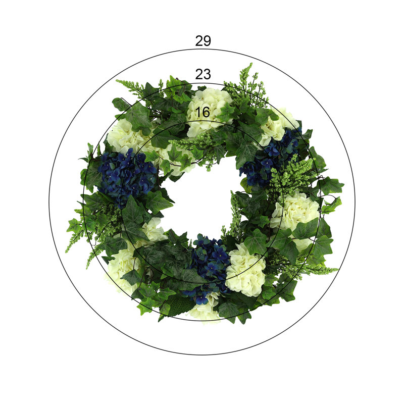 23" Spring Wreath with Hydrangeas, Heather and Ivy