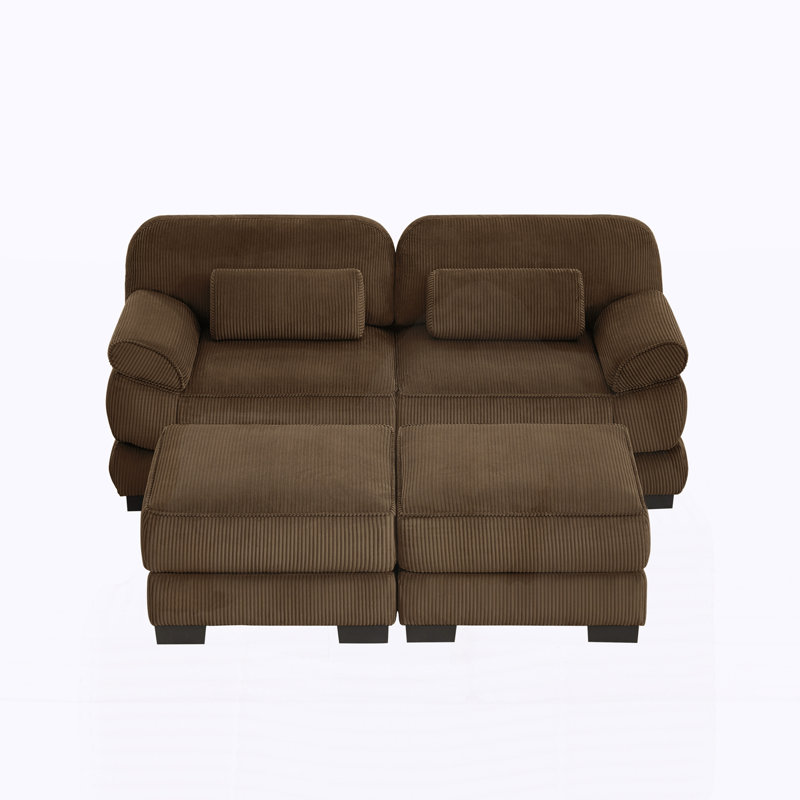 Canapé 2 places avec 2 repose-pieds, coussins de siège épais et confortables pour le salon, Brown Corduroy
