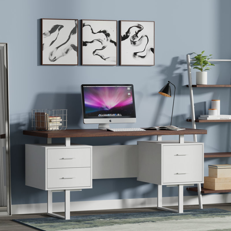 Auniya 60'' Desk, Walnut Top, White Body, White Metal/Hardware