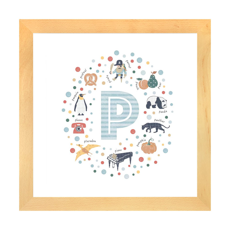 Lettre illustrée P bleue - impression, H 24 po x l 24 po x p 1 po, Papier avec cadre beige, Blanc
