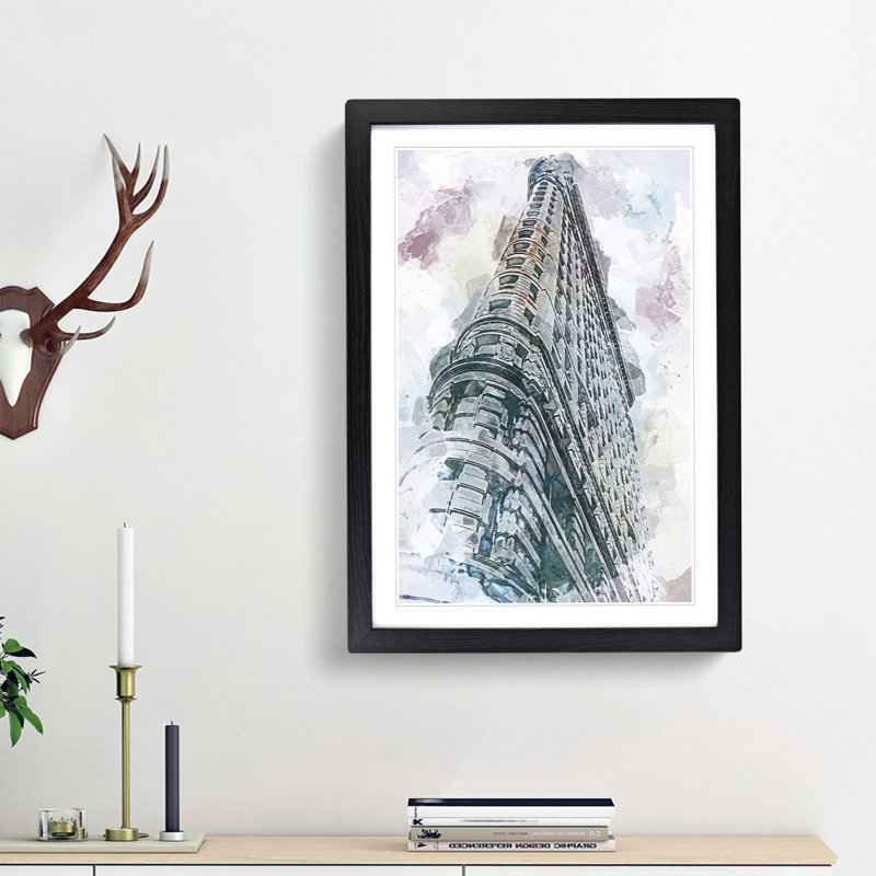 The Flatiron Building in New York in Abstract - Picture Frame Painting Print, 87cm H x 62cm W x 2cm D, Black Framed