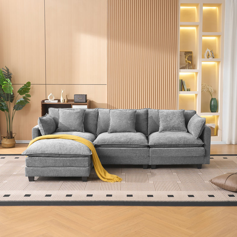 Gray Color  3-Seat Combo Sofa With Storage Ottoman For Living Room Apartment Bedroom And Compact Room, Upholstered Sectional Couch, L Shaped Bench With Ottoman