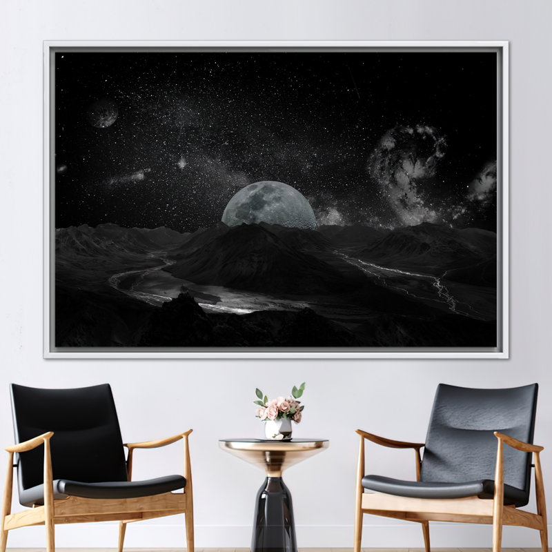 Ciel étoilé et pleine lune, reproduction d'art sur toile, paysage galaxie, H 22 po x l 30 po, Blanc