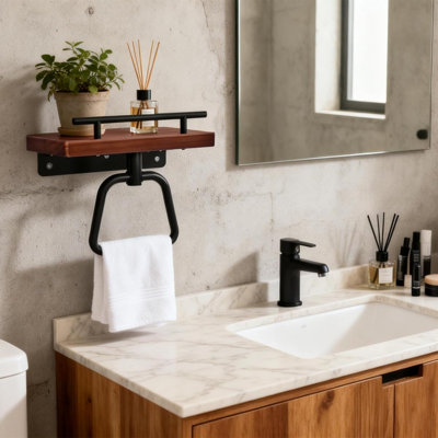 Stainless Steel Towel Ring Towel Rack Towel Holder with Wooden Shelf Rustic Towel Ring Wall Mount Heavy Duty Bath Towel Racks for Bathroom