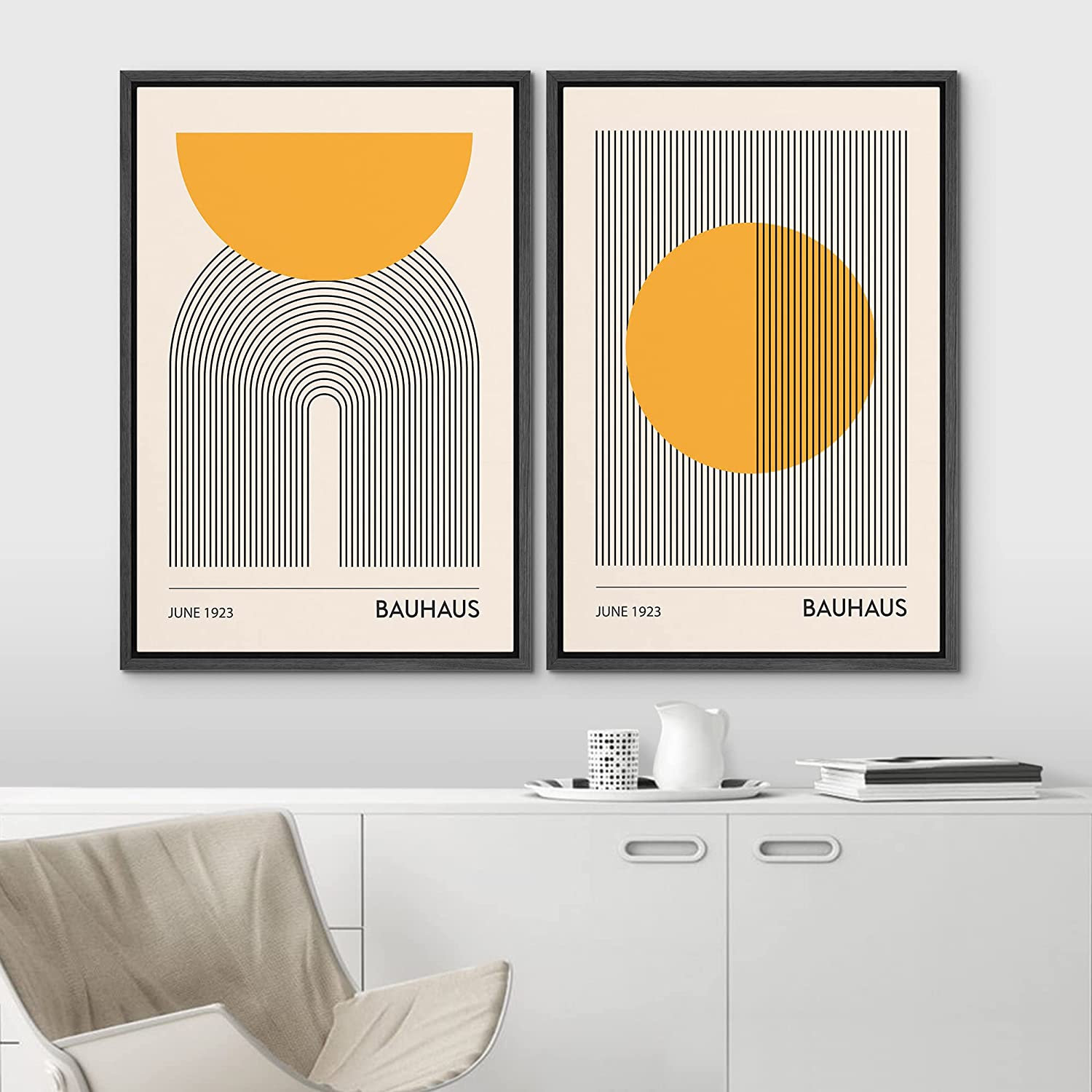 Mid Century Modern Boho Bauhaus Solar Sun Abstract Art Decor Framed On Canvas 2 Pieces Print, 24" H x 32" W