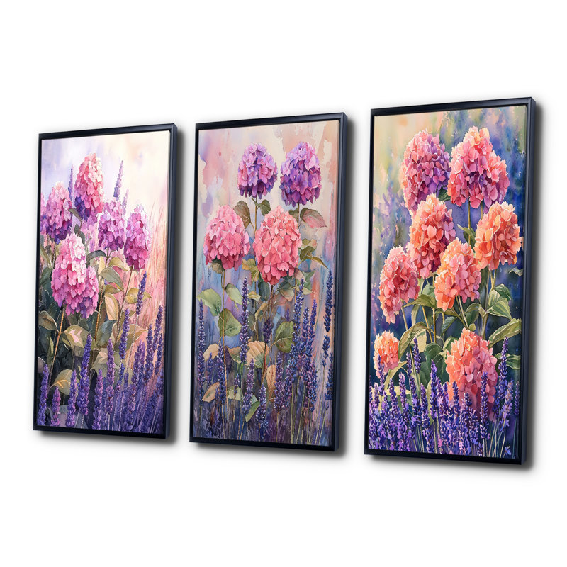 Hortensias dans un champ de lavande I - Collection de décorations murales Hydrangea, H 40 po x l 60 po, Noir