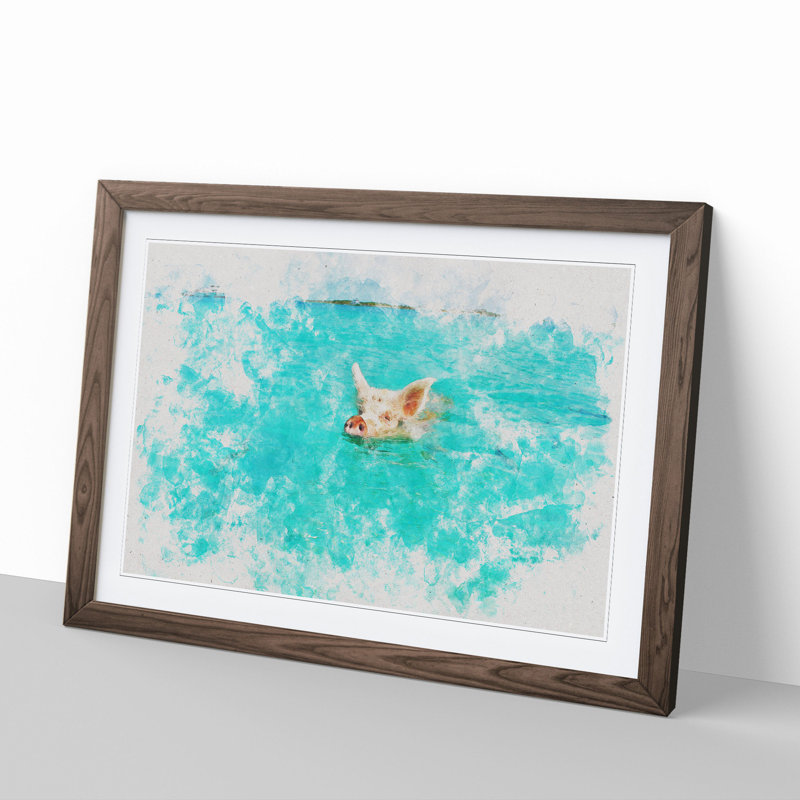 Swimming Pig - Picture Frame Painting, Walnut Framed, 65cm H x 90cm W x 2cm D