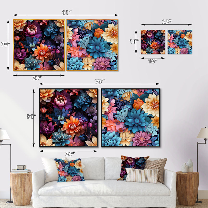 Harrelson - Ensemble de 2 collages carrés floraux, Cadre flottant doré, H 30 po x l 61 po